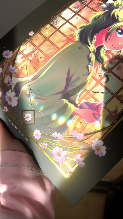 Gold Foiled Stained Glass Maomao Art Print